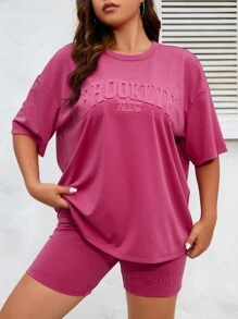 SHEIN EZwear Bộ thời trang Plus Size Lá thư Giải trí - Màu đỏ tím - Xem 6