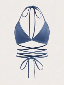 SHEIN ICON 素色交叉後背繫帶掛脖上衣 - 霧霾藍 - 查看 1