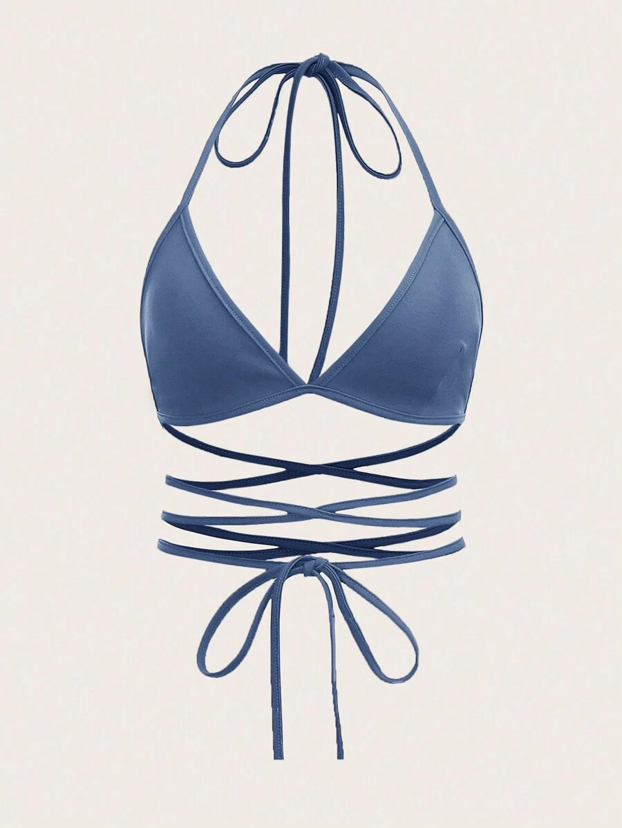 SHEIN ICON 素色交叉後背繫帶掛脖上衣 - 霧霾藍 - 查看 1