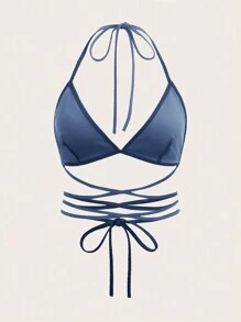 SHEIN ICON 素色交叉後背繫帶掛脖上衣 - 霧霾藍 - 查看 2