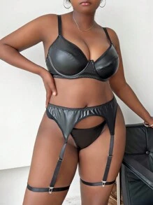 5pack Plus PU Underwire Garter Lingerie Set - Black - View 3