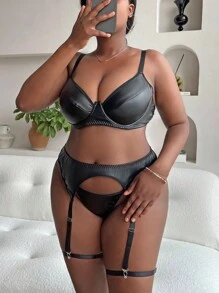 5pack Plus PU Underwire Garter Lingerie Set - Black - View 4