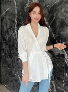 DAZY Chất rắn Thả vai Nút ven Áo sơ mi quấn - trắng - Xem 1