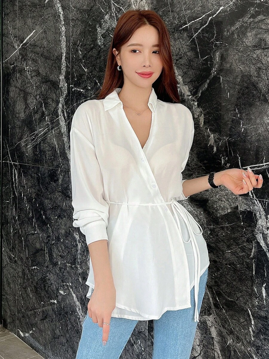 DAZY Chất rắn Thả vai Nút ven Áo sơ mi quấn - trắng - Xem 1