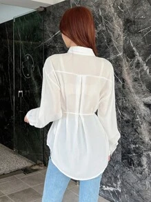 DAZY Chất rắn Thả vai Nút ven Áo sơ mi quấn - trắng - Xem 2