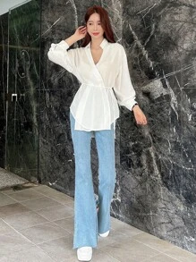 DAZY Chất rắn Thả vai Nút ven Áo sơ mi quấn - trắng - Xem 3