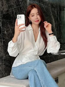 DAZY Chất rắn Thả vai Nút ven Áo sơ mi quấn - trắng - Xem 4