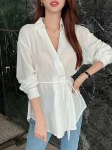 DAZY Chất rắn Thả vai Nút ven Áo sơ mi quấn - trắng - Xem 6