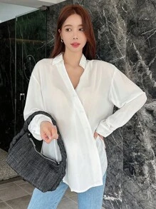 DAZY Chất rắn Thả vai Nút ven Áo sơ mi quấn - trắng - Xem 8