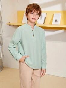 SHEIN Áo sơ mi dài tay phong cách quý ông giản dị dành cho nam, cổ áo đứng, cài khuy phía trước, dài tay hở giữa - Màu xanh Bạc hà - Xem 2