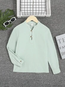 SHEIN Áo sơ mi dài tay phong cách quý ông giản dị dành cho nam, cổ áo đứng, cài khuy phía trước, dài tay hở giữa - Màu xanh Bạc hà - Xem 1