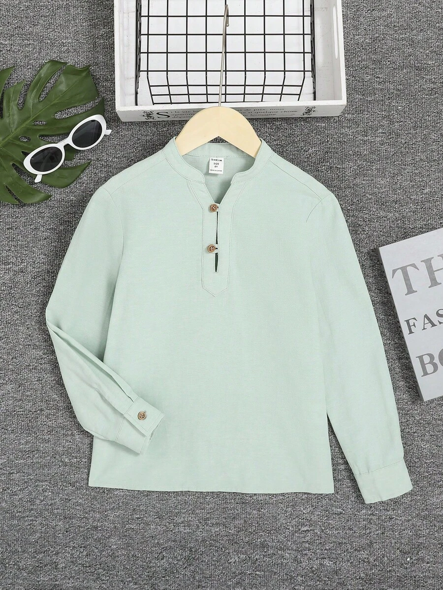 SHEIN Áo sơ mi dài tay phong cách quý ông giản dị dành cho nam, cổ áo đứng, cài khuy phía trước, dài tay hở giữa - Màu xanh Bạc hà - Xem 1
