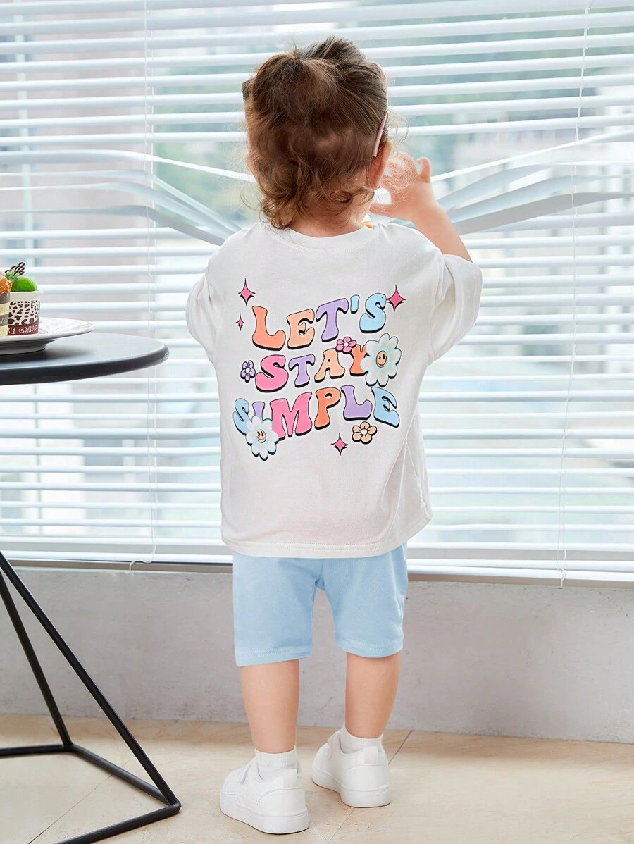 SHEIN Bộ đồ Em bé Hoa Slogan - Xanh và trắng - Xem 1