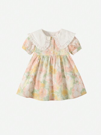 嬰兒印花誇大領口泡泡袖連衣裙