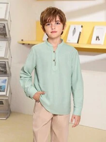 SHEIN Áo sơ mi dài tay phong cách quý ông giản dị dành cho nam, cổ áo đứng, cài khuy phía trước, dài tay hở giữa - Màu xanh Bạc hà - Xem 3