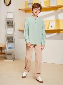 SHEIN Áo sơ mi dài tay phong cách quý ông giản dị dành cho nam, cổ áo đứng, cài khuy phía trước, dài tay hở giữa - Màu xanh Bạc hà - Xem 4