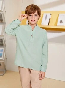 SHEIN Áo sơ mi dài tay phong cách quý ông giản dị dành cho nam, cổ áo đứng, cài khuy phía trước, dài tay hở giữa - Màu xanh Bạc hà - Xem 5