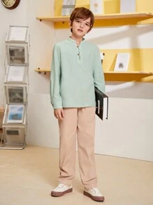 SHEIN Áo sơ mi dài tay phong cách quý ông giản dị dành cho nam, cổ áo đứng, cài khuy phía trước, dài tay hở giữa - Màu xanh Bạc hà - Xem 6