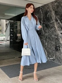 DAZY Chất rắn Nút phía trước Váy sơ mi - Màu xanh lam - Xem 6