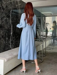 DAZY Chất rắn Nút phía trước Váy sơ mi - Màu xanh lam - Xem 2
