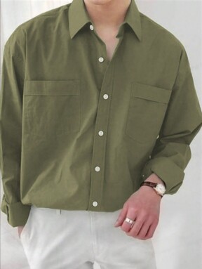 Chemise surdimensionnée à double poche boutonnée pour hommes, chemise décontractée à manches longues ample et boutonnée de couleur vert émeraude, cadeau pour petit ami, automne
