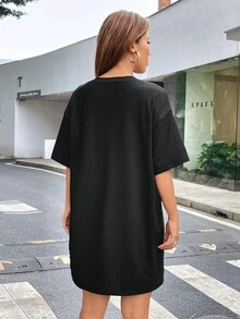 SHEIN EZwear 鷹和字母圖案前繫帶落肩T恤洋裝 - 黑色 - 查看 3