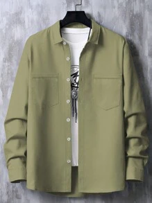 Claim Dot Áo sơ mi nam cài nút hai túi cỡ lớn, áo sơ mi tay dài rộng thùng thình màu xanh ngọc lục bảo trơn, quà tặng bạn trai, mùa thu - xanh quân đội - Xem 2