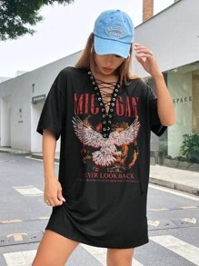 SHEIN EZwear 鷹和字母圖案前繫帶落肩T恤洋裝 - 黑色 - 查看 5