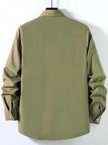 Claim Dot Áo sơ mi nam cài nút hai túi cỡ lớn, áo sơ mi tay dài rộng thùng thình màu xanh ngọc lục bảo trơn, quà tặng bạn trai, mùa thu - xanh quân đội - Xem 3