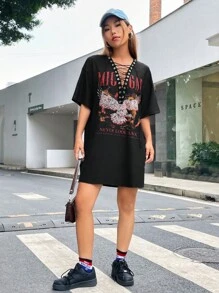 SHEIN EZwear 鷹和字母圖案前繫帶落肩T恤洋裝 - 黑色 - 查看 6