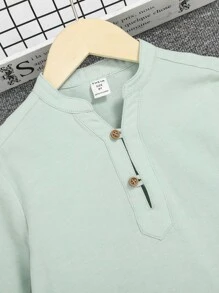 SHEIN Áo sơ mi dài tay phong cách quý ông giản dị dành cho nam, cổ áo đứng, cài khuy phía trước, dài tay hở giữa - Màu xanh Bạc hà - Xem 9