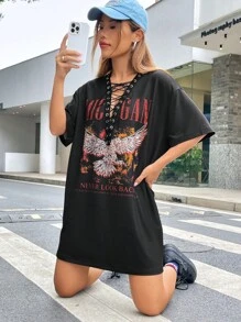SHEIN EZwear 鷹和字母圖案前繫帶落肩T恤洋裝 - 黑色 - 查看 2