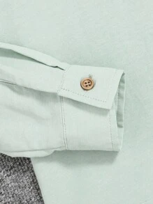 SHEIN Áo sơ mi dài tay phong cách quý ông giản dị dành cho nam, cổ áo đứng, cài khuy phía trước, dài tay hở giữa - Màu xanh Bạc hà - Xem 10