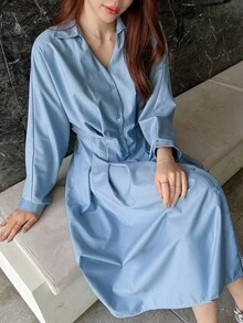 DAZY Chất rắn Nút phía trước Váy sơ mi - Màu xanh lam - Xem 5