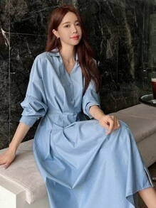 DAZY Chất rắn Nút phía trước Váy sơ mi - Màu xanh lam - Xem 1