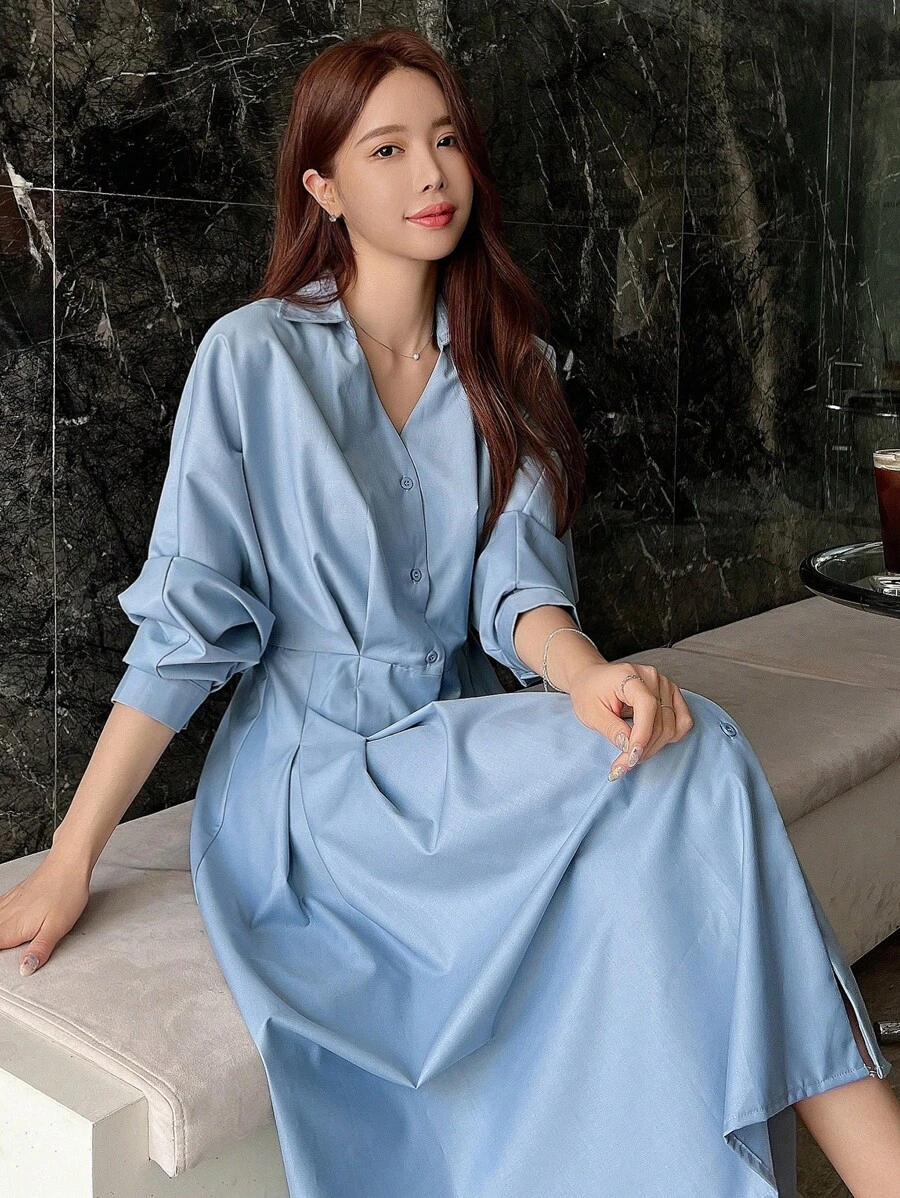 DAZY Chất rắn Nút phía trước Váy sơ mi - Màu xanh lam - Xem 1