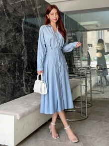 DAZY Chất rắn Nút phía trước Váy sơ mi - Màu xanh lam - Xem 7