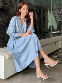 DAZY Chất rắn Nút phía trước Váy sơ mi - Màu xanh lam - Xem 8