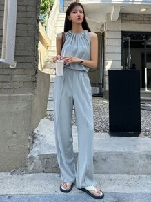 DAZY Solid Sleeveless Blouse & Wide Leg Trousers - Blue - View 1