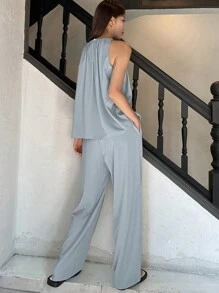 DAZY Solid Sleeveless Blouse & Wide Leg Trousers - Blue - View 2