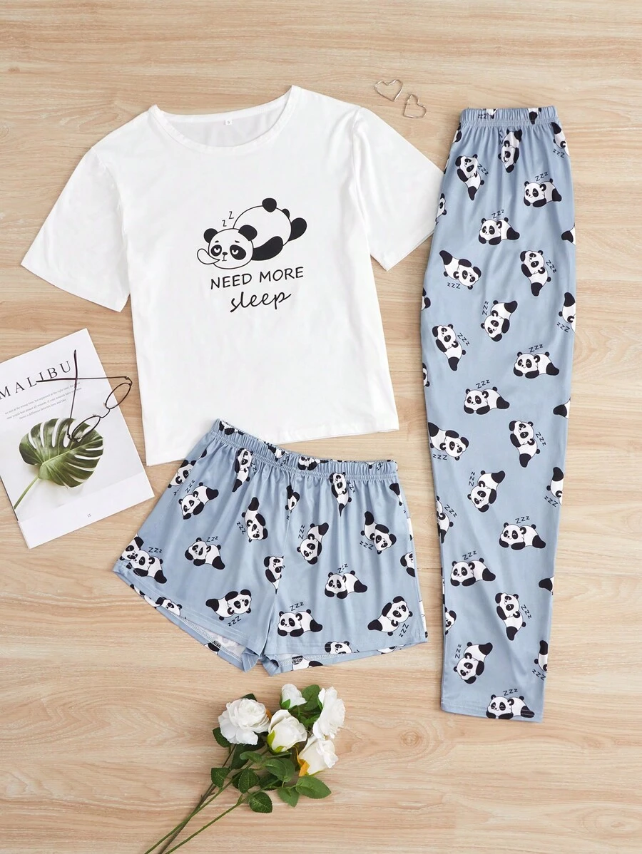 Panda & Slogan Graphic Tee & Shorts & Trousers PJ Set - White - View 1