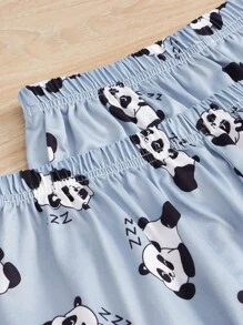 Panda & Slogan Graphic Tee & Shorts & Trousers PJ Set - White - View 3