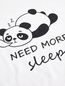 Panda & Slogan Graphic Tee & Shorts & Trousers PJ Set - White - View 5
