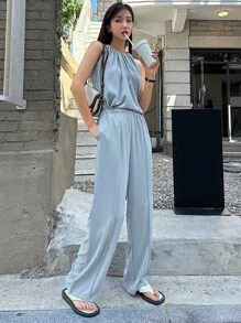 DAZY Solid Sleeveless Blouse & Wide Leg Trousers - Blue - View 6