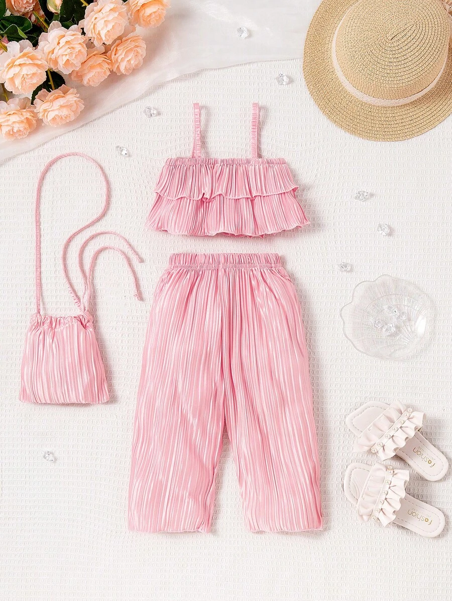寶寶女孩荷葉邊背心上衣和褲子和包組合套裝 - 淺粉色 - 查看 1