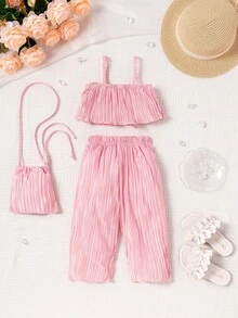 寶寶女孩荷葉邊背心上衣和褲子和包組合套裝 - 淺粉色 - 查看 2