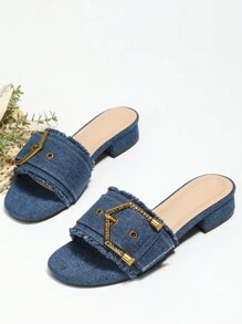 Women Buckle Decor Raw Trim Single Band Flat Sandals, Fashionable Outdoor Fabric Slide Sandals,Spring Summer Outfits - Blue - View 3