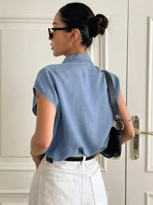 DAZY Dual Pocket Batwing Sleeve Button Front Denim Top