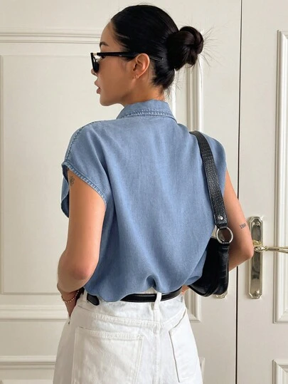 DAZY Camisa Denim De Manga Murciélago Con Bolsillo Doble Y Botones