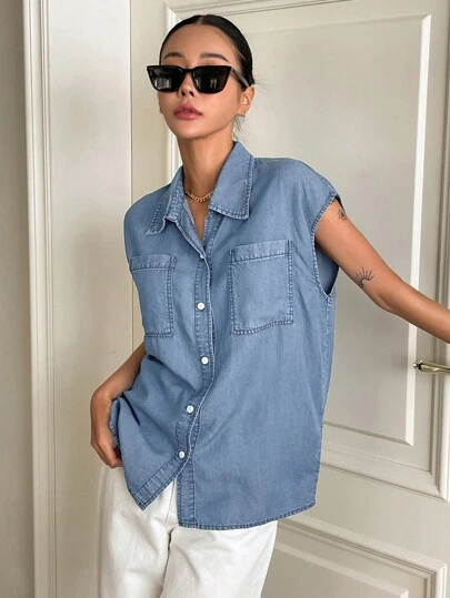 DAZY Camisa Denim De Manga Murciélago Con Bolsillo Doble Y Botones